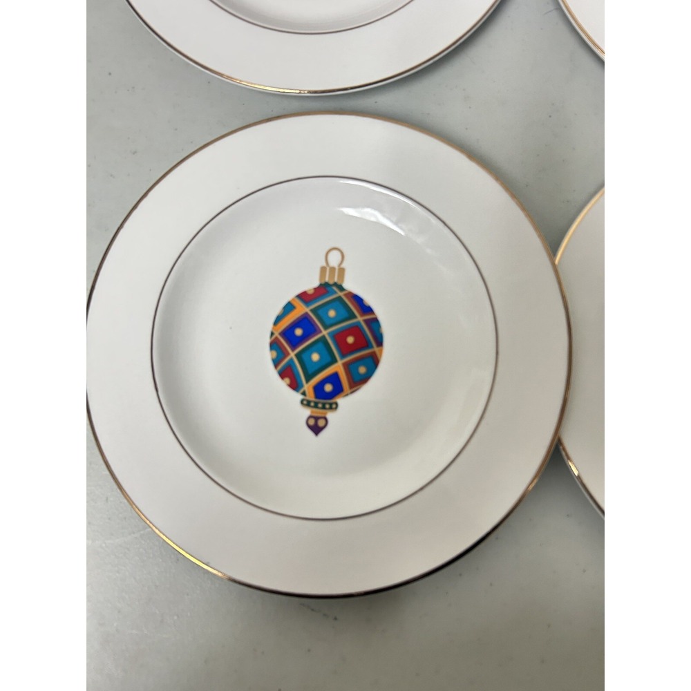 Vintage Gibson Set of 6 Christmas Ornaments Dessert Salad Plate 9" Gold Rim DECO - Picture 2 of 9